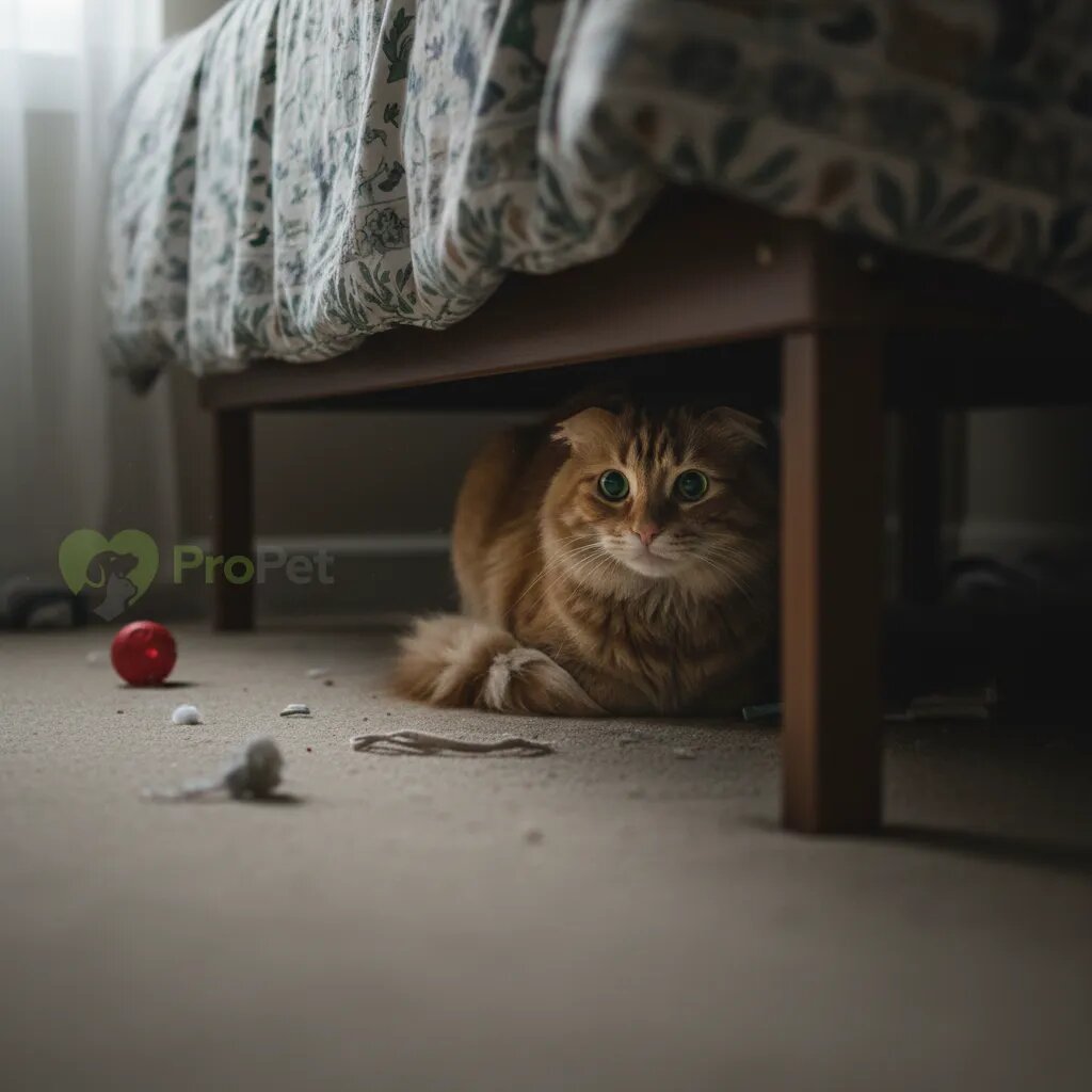 напуганная кошка прячется под кроватью