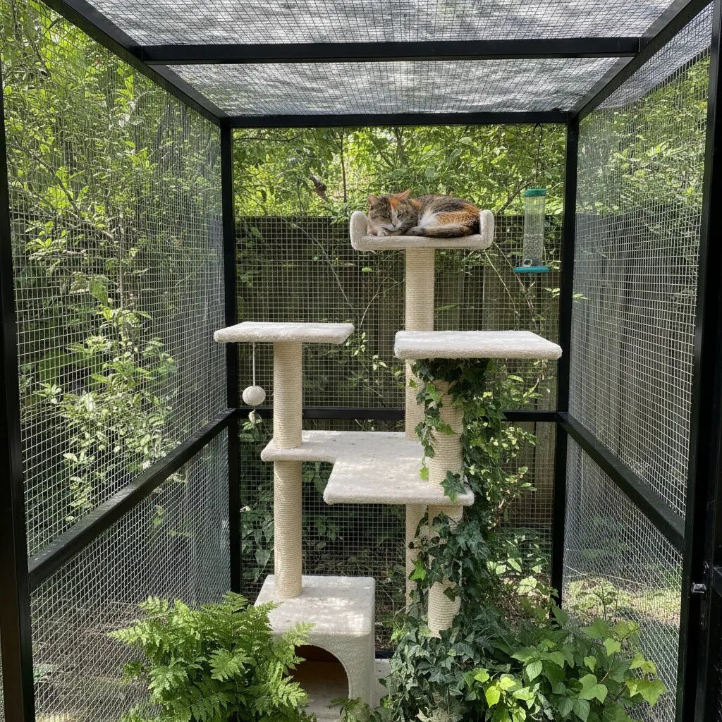 кошка отдыхает на высоком комплексе в безопасной зоне