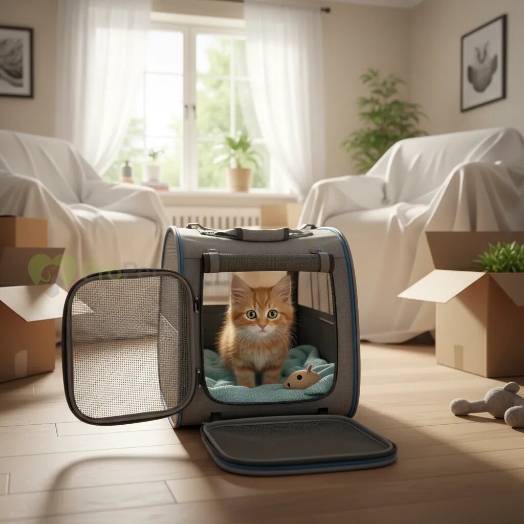 Маленький котенок выглядывает из переноски в новой комнате.