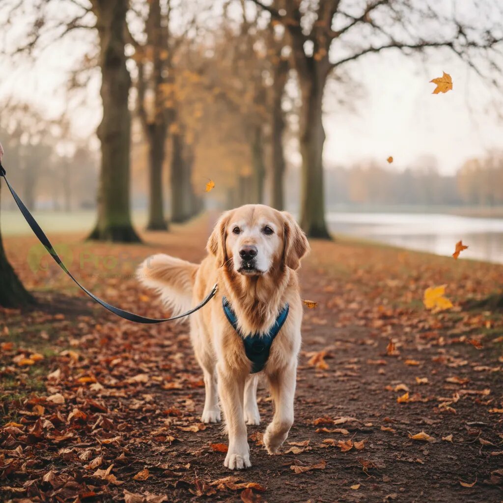 Пожилая собака на прогулке.
