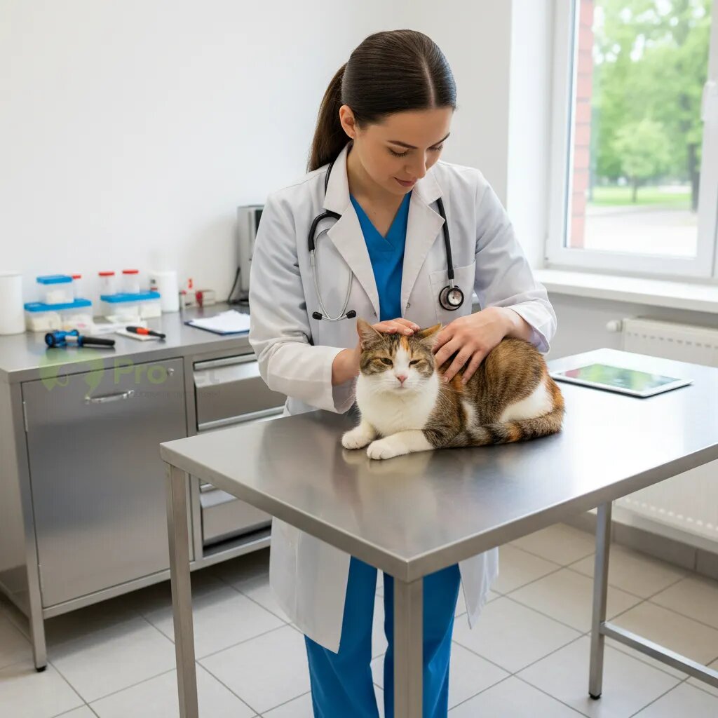 Спокойная кошка на осмотре у ветеринарного врача