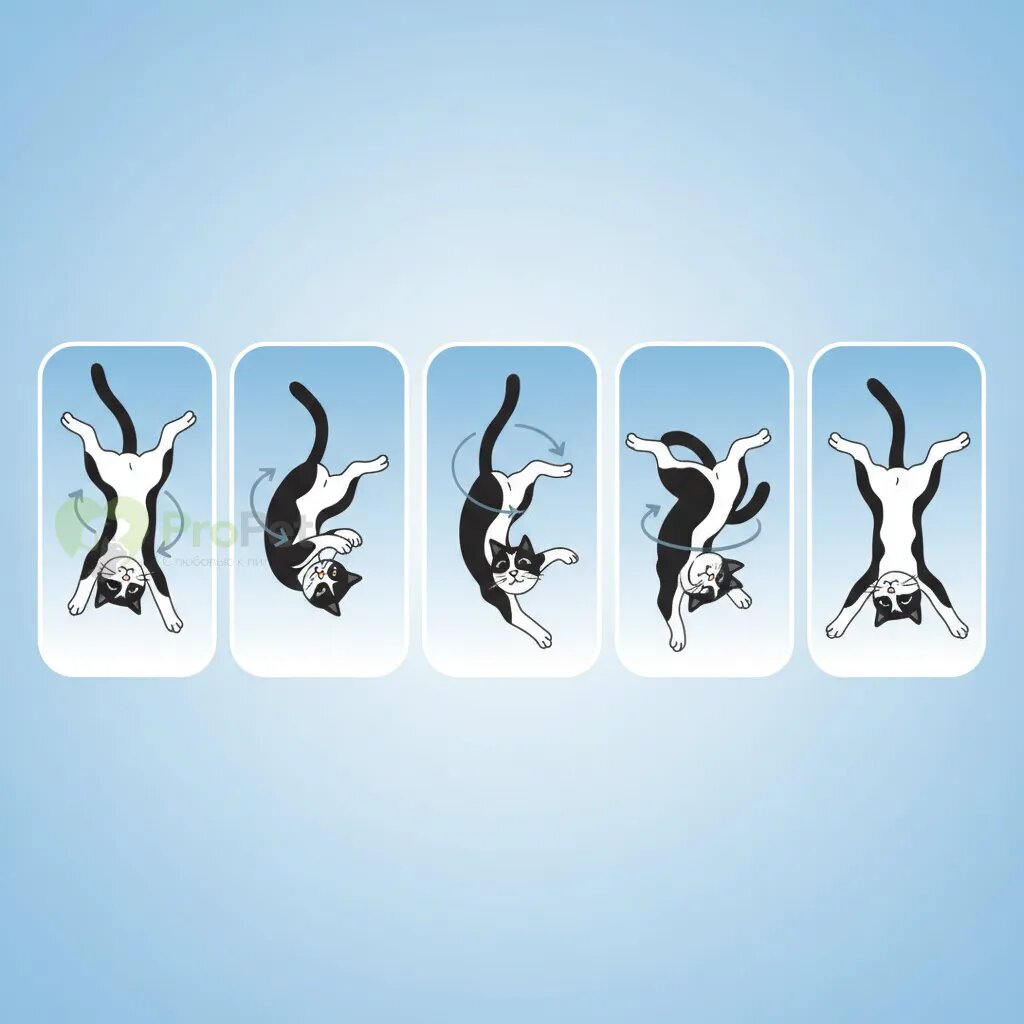 Инфографика, показывающая этапы выпрямительного рефлекса кошки в полете