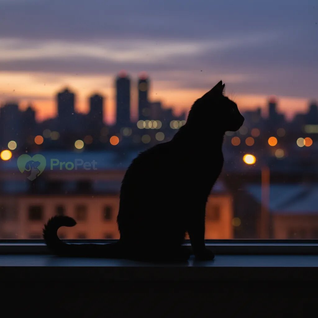 Силуэт кошки, сидящей на подоконнике на фоне вечернего города