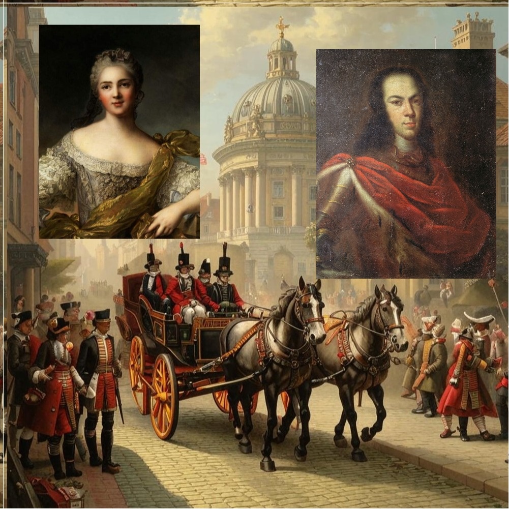 "Портрет женщины" Ж. М. Натье. Портрет царевича Алексея Петровича. Неизвестный художник. Облик Берлина XVIII века создан при помощи нейросети. Коллаж автора публикации