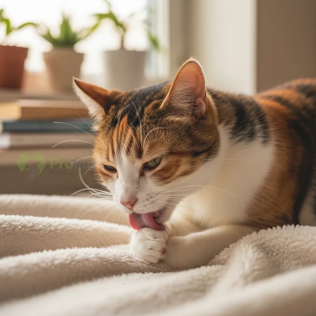 Крупный план кошки, вылизывающей свою шерсть