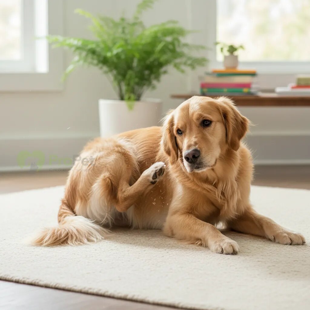 Собака чешет бок лапой