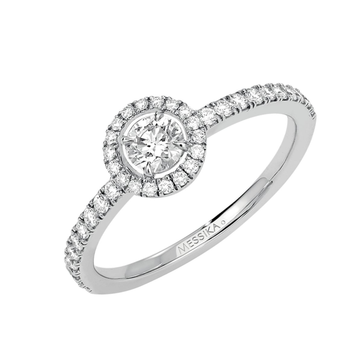 Кольцо Messika Joy из белого золота с круглым бриллиантом, закрепленным с помощью 4 лапок, и с круглыми бриллиантами на шинке