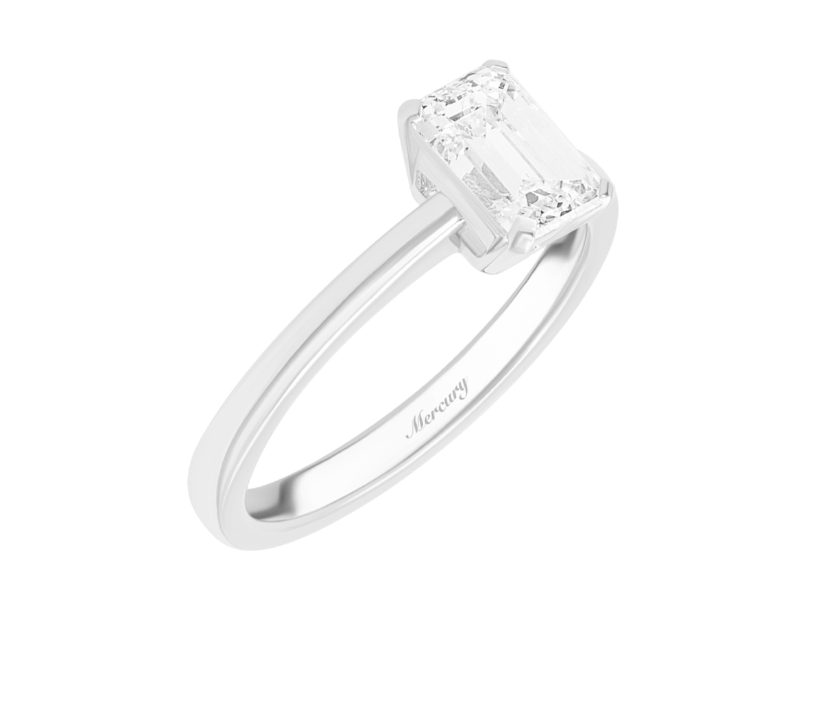 Кольцо Mercury Classic из белого золота с бриллиантом изумрудной огранки, закрепленным с помощью 4 лапок