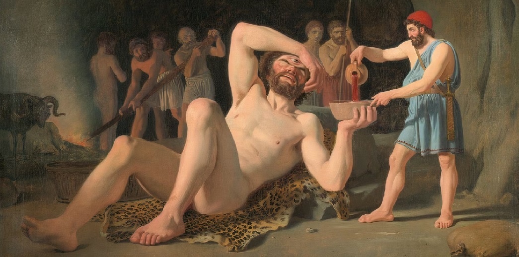 Одиссей и Циклоп. Герой придумал, что выбраться из пещеры одноглазого Циклопа можно только привязав себя под животами баранов. /из доступного фонда Яндекс Картинки/