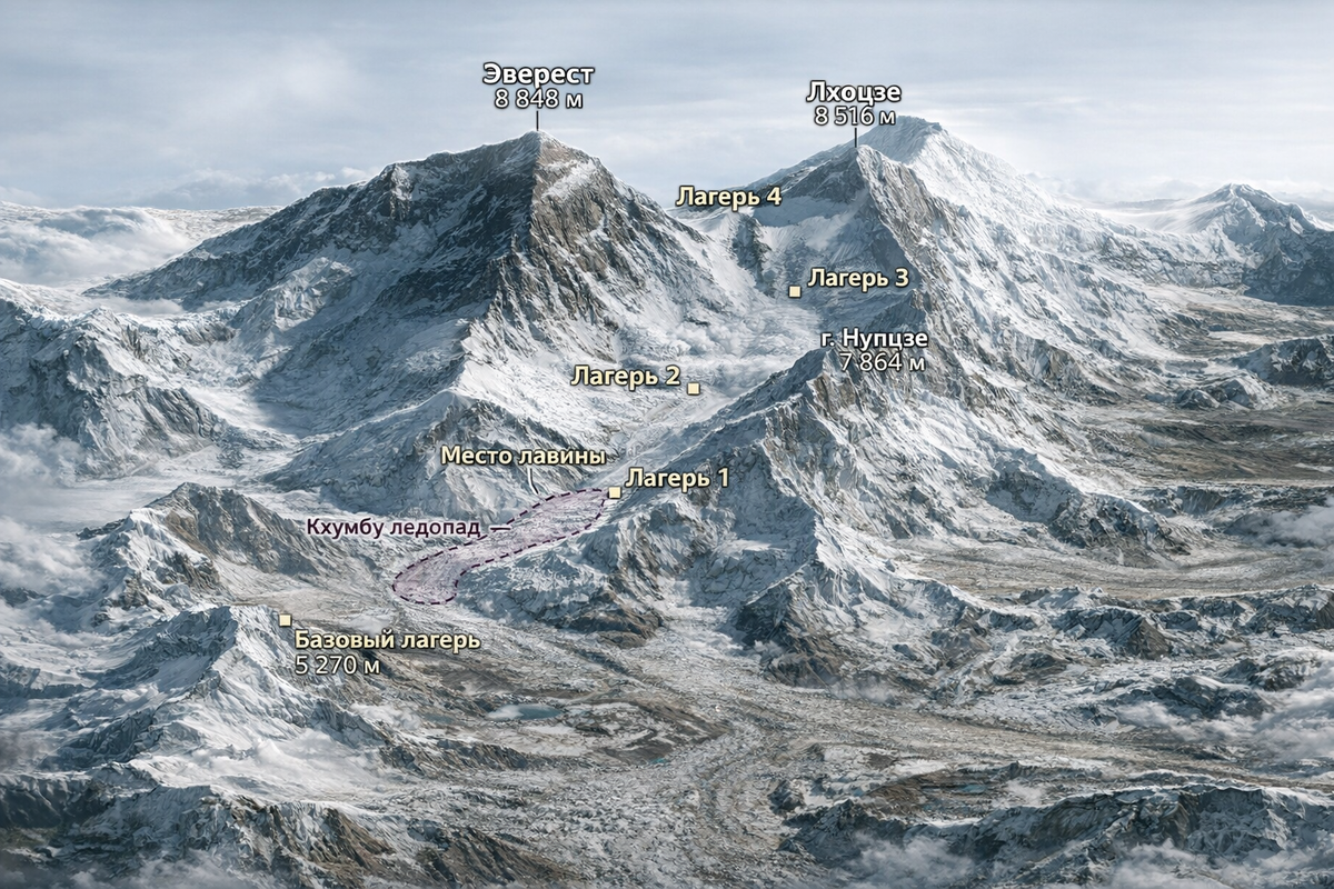 Так выглядит знаменитый маршрут финального подъема из базового лагеря на вершину Эвереста