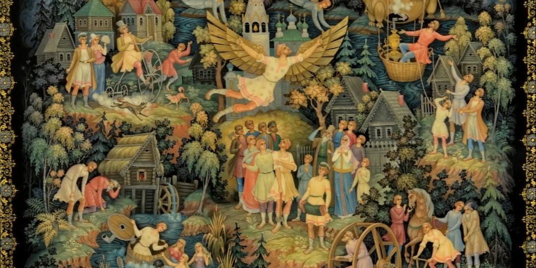 Потрясающая роспись из села Холуй - шкатулка «Чудаки»: плуг с колесом и баня с русалками