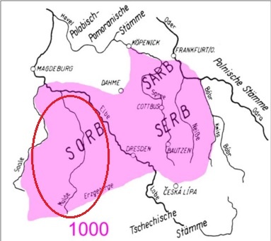 Территория расселения лужицких сербов около 1000 года. Красным овалом показана область расселения на левобережье Эльбы (Лабы). Источник: cogniarchae.com