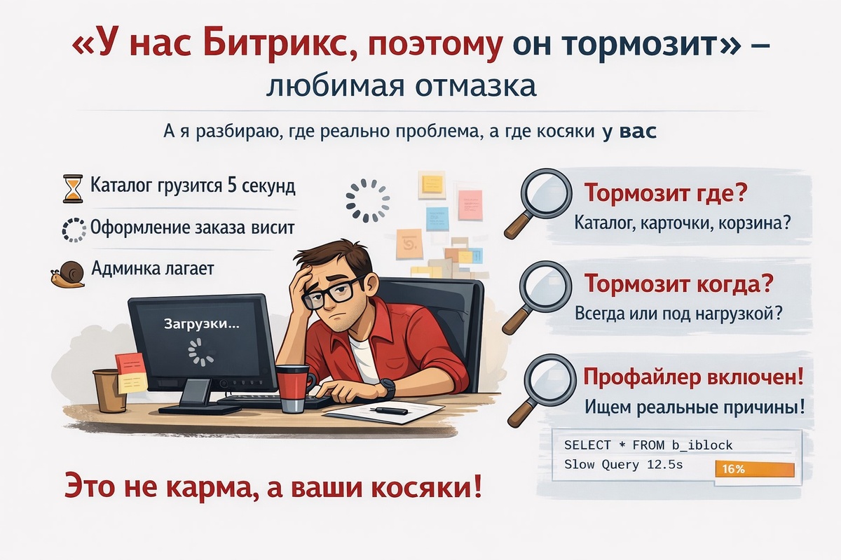«Битрикс тормозит» — любимая отмазка. Разбираю, где он реально тупит, а где косяк у вас 