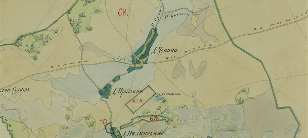 Фрагмент Плана Генерального Межевания Екатерины II . Екатерининские планы генерального межевания (с 1765 г.) — рукописные карты XVIII–XIX вв., устанавливающие границы владений по указу Екатерины II под девизом «Каждый при своемъ». Они охватывали почти все наместничества, фиксируя границы уездов, дач и участков. Большинство оригиналов хранится в РГАДА (Москва).