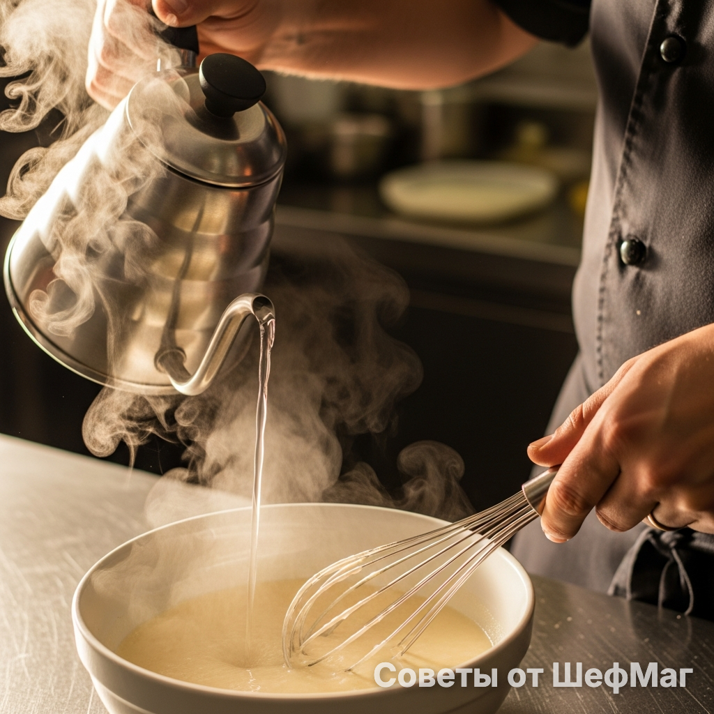Самый важный момент: вливаем кипяток тонкой струйкой и непрерывно мешаем.