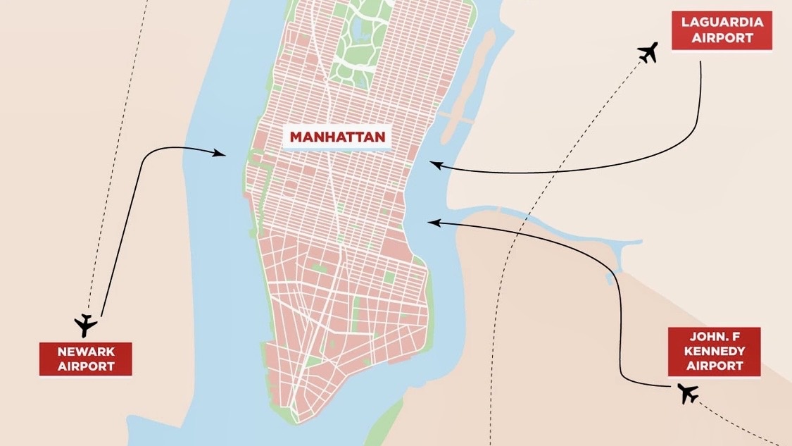 Расстояние на карте от аэропорта JFK до Манхэттена