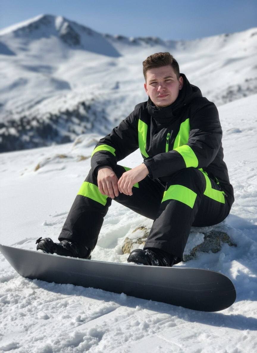 Парень на сноуборде сидит на заснеженном камне в горах — www.promtyi.com