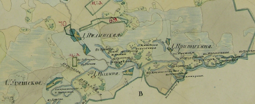 Фрагмент Плана Генерального Межевания Екатерины II . Екатерининские планы генерального межевания (с 1765 г.) — рукописные карты XVIII–XIX вв., устанавливающие границы владений по указу Екатерины II под девизом «Каждый при своемъ». Они охватывали почти все наместничества, фиксируя границы уездов, дач и участков. Большинство оригиналов хранится в РГАДА (Москва).