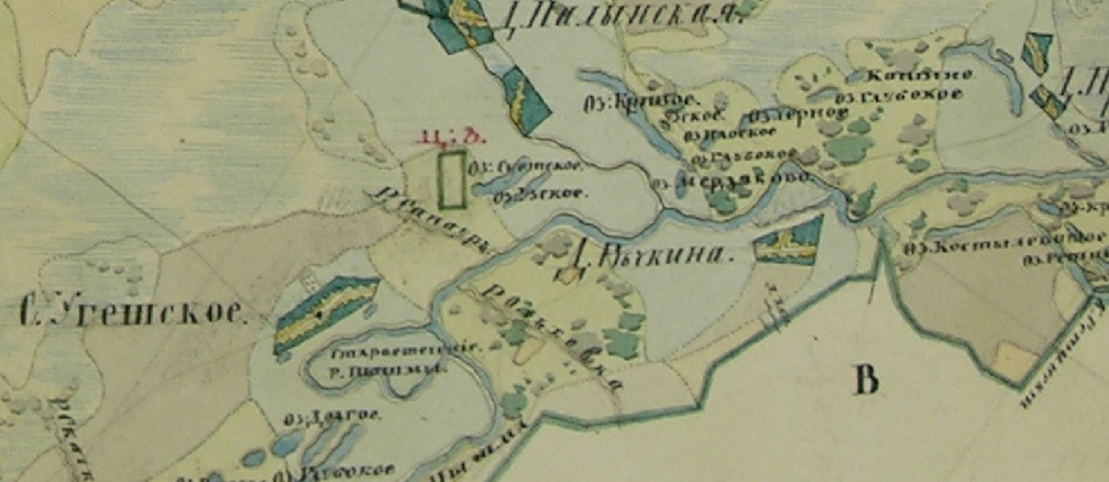 Фрагмент Плана Генерального Межевания Екатерины II . Екатерининские планы генерального межевания (с 1765 г.) — рукописные карты XVIII–XIX вв., устанавливающие границы владений по указу Екатерины II под девизом «Каждый при своемъ». Они охватывали почти все наместничества, фиксируя границы уездов, дач и участков. Большинство оригиналов хранится в РГАДА (Москва).