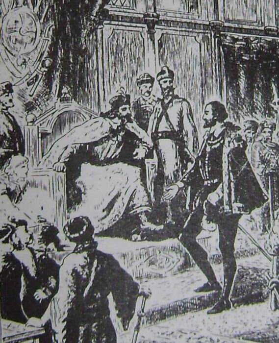 Старинная гравюра, изображающая Ричарда Ченслера на приеме у Ивана IV Грозного