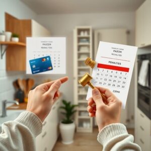    A realistic 3D illustration of a Russian apartment building with a large calendar showing payment deadlines, a bank card with the logo of a major Russian bank (e.g., Sberbank or VTB), and a small gave