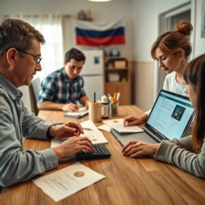    A realistic image of a Russian family reviewing utility bills at a kitchen table, with a laptop showing a government website about housing subsidies. The scene is warm and modern, with natural lightin