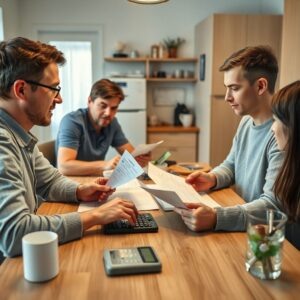    A realistic, high-detail image of a Russian family sitting at a kitchen table with documents, a calculator, and a laptop. The scene shows them carefully reviewing papers related to housing and utility