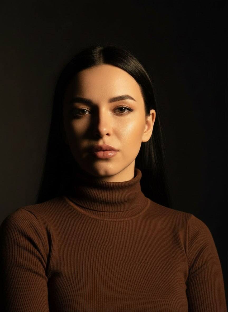 Студийный портрет девушки в коричневой кофте на темном фоне — www.promtyi.com