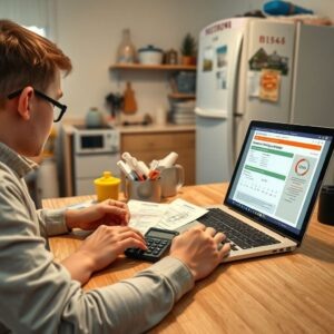    A realistic illustration of a Russian family reviewing utility bills and documents at a kitchen table. The scene shows a calculator, a stack of unpaid bills with red 'Просрочено' stamps, and a laptop