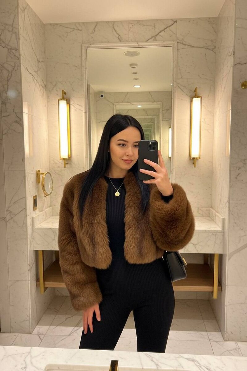 Девушка делает селфи в зеркале в роскошной мраморной ванной комнате — www.promtyi.com