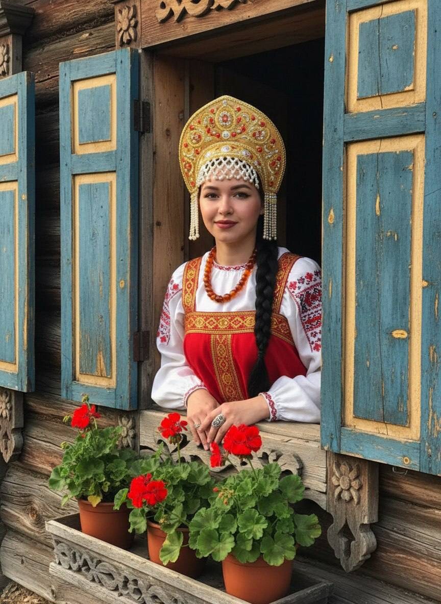 Девушка в расшитом красно-золотом сарафане и золотом кокошнике выглядывает из резного деревянного окна — www.promtyi.com