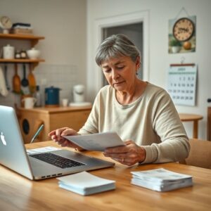    A realistic image of a middle-aged Russian woman sitting at a kitchen table with documents, a calculator, and a laptop. She is carefully reviewing papers related to housing and utility bills. The scen