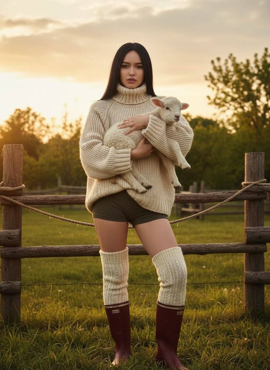 Девушка в белом вязаном шерстяном свитере держит на руках маленького белого ягненка — www.promtyi.com