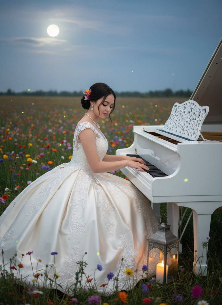 Девушка играет на белом рояле посреди цветущего поля при лунном свете — www.promtyi.com