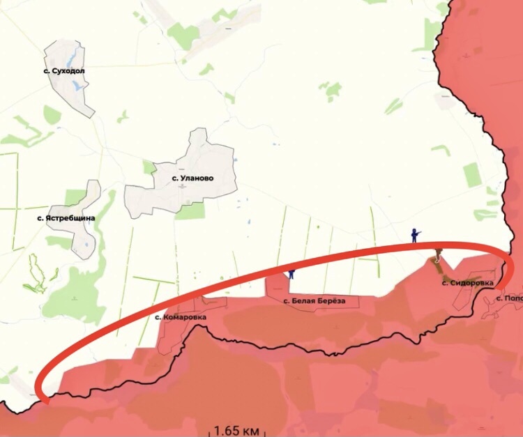 Чёрная линия - госграница. Красная линия - направление боев, за ней три взятых села - тактический плацдарм на границе.