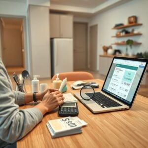    A realistic flat illustration of a Russian family reviewing utility bills at a kitchen table. The scene includes a laptop displaying a government portal with a 'ЖКХ субсидия' section, a calculator, a