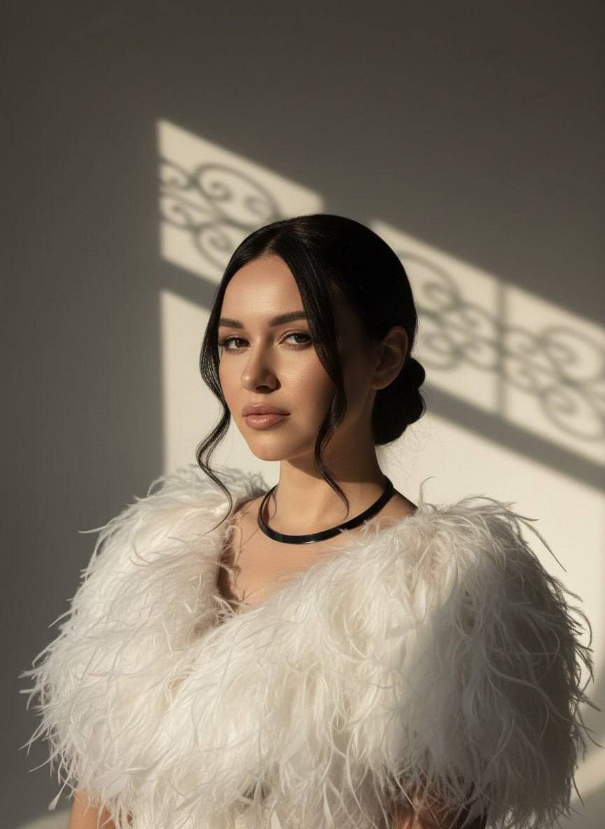Девушка в воздушной белоснежной накидке из перьев эффектно позирует в темном помещении — www.promtyi.com