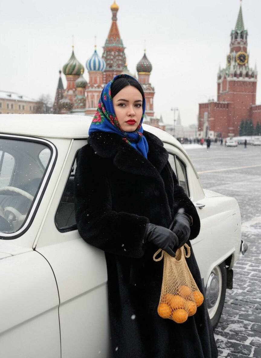Девушка с авоськой апельсинов стоит у белого автомобиля «Победа» на Красной площади в Москве — www.promtyi.com