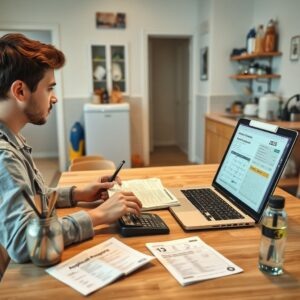    A realistic, modern illustration of a young unemployed person sitting at a kitchen table with documents, a laptop, and a calculator. The scene shows them filling out an application form for housing su