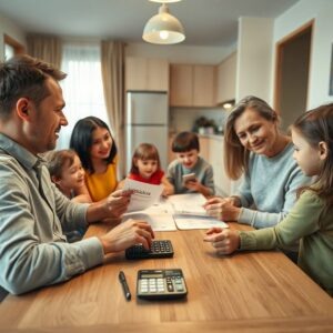    A realistic, warm-toned image of a large happy Russian family with three or more children sitting together in a cozy living room. The family is reviewing documents related to housing and utility bills