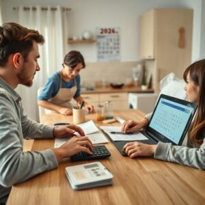    A realistic, modern Russian apartment interior with a young family reviewing documents at a kitchen table. The table has a laptop displaying a government website about housing subsidies, a calculator,