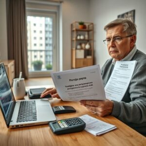    A realistic image of a middle-aged Russian person sitting at a desk with documents related to housing and utility payments. The desk has a laptop displaying a government portal, a calculator, a pen, a