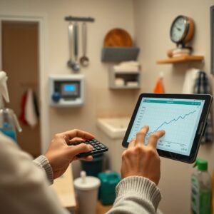    A modern Russian apartment interior with a focus on utility meters (water, gas, electricity). The scene includes a person checking a bill with a calculator, a tablet displaying a government website wi