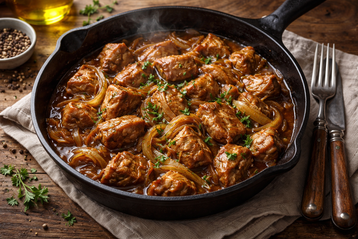 Свинина тушеная с луком 