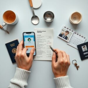    A modern, clean, and professional flat-lay image showing elements related to paying utility bills without registration in Russia. Include: a smartphone with a payment app (like SberBank or Tinkoff) di