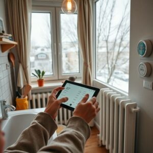    A cozy Russian apartment interior during winter, with a person checking a utility bill on a tablet. The scene includes energy-efficient LED bulbs, a modern thermostat set to 20°C, insulated windows wi