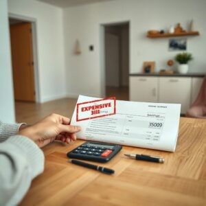    A modern empty apartment interior with minimalist design, showing a utility bill with a red 'expensive' stamp being replaced by a green 'savings' stamp. Include a calculator, a pen, and a document tit