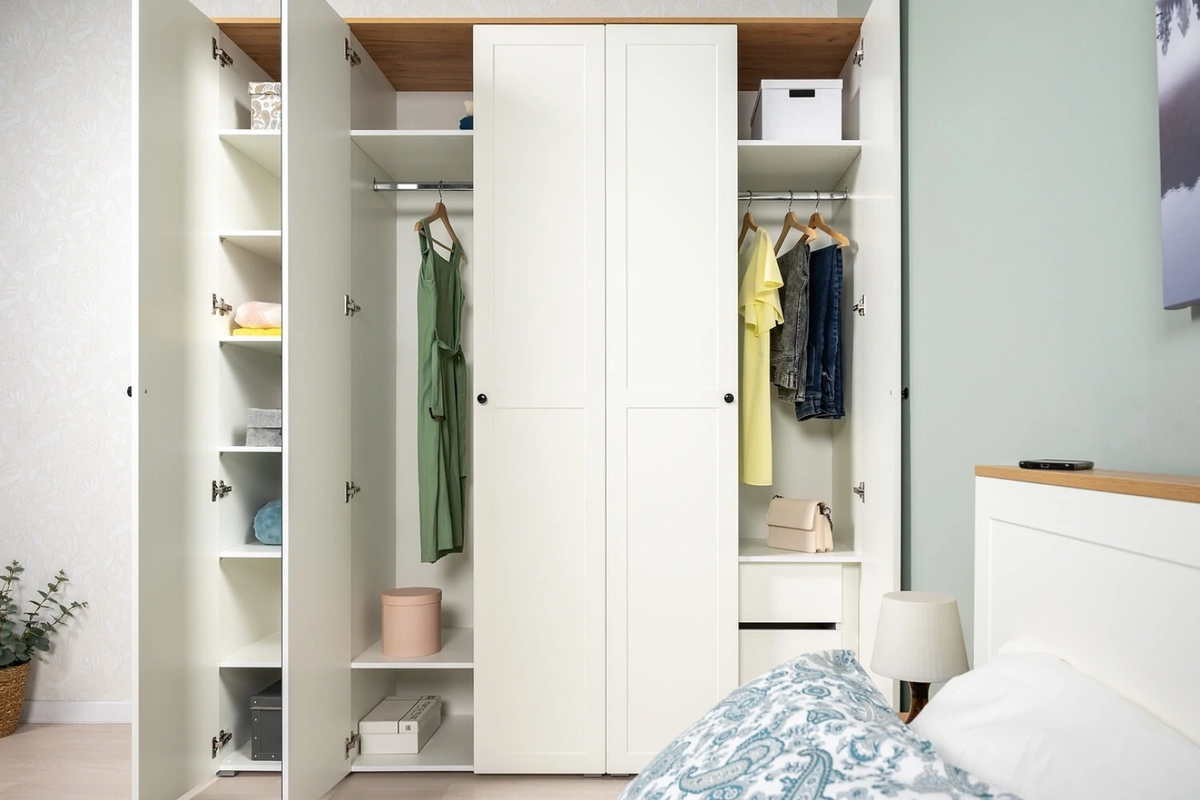 Двухдверный шкаф от фабрики мебели «Моби» можно купить как самостоятельную систему хранения или в комплекте с другими предметами коллекции.