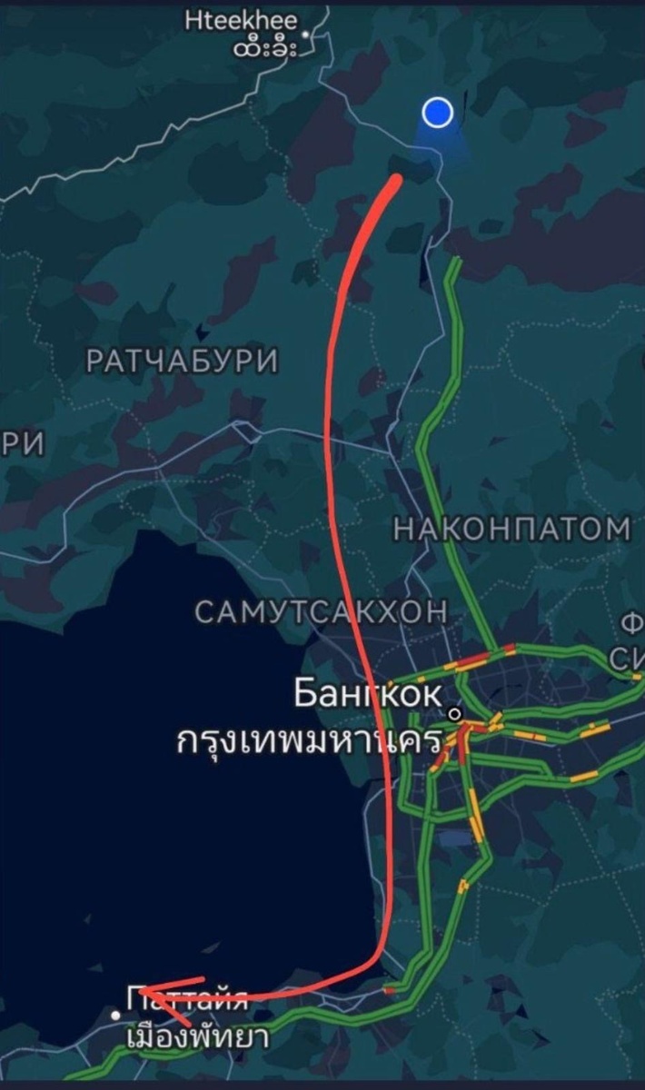 Карта движения автобуса из Паттайи до реки Квай.