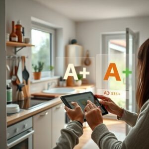   A modern, energy-efficient house in a Russian suburban setting, with visible insulation, solar panels on the roof, and triple-glazed windows. The house is surrounded by greenery, and a digital energy